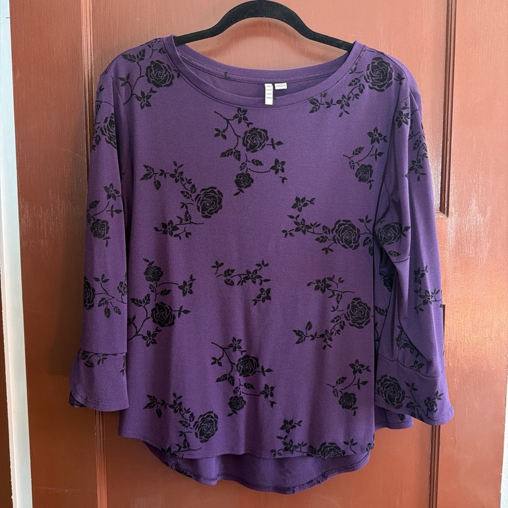 Elle Purple Women's Long Sleeve Top with Black Floral Design
